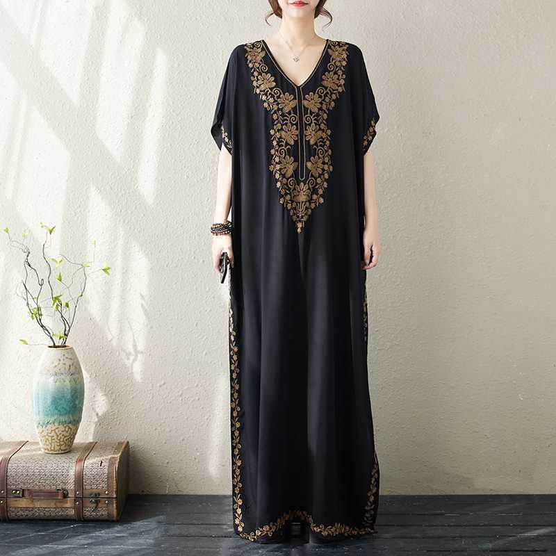 Женские платья больших размеров с вышивкой, длинные, летние, с V-образным вырезом, винтажное пляжное, бохо-праздничное платье