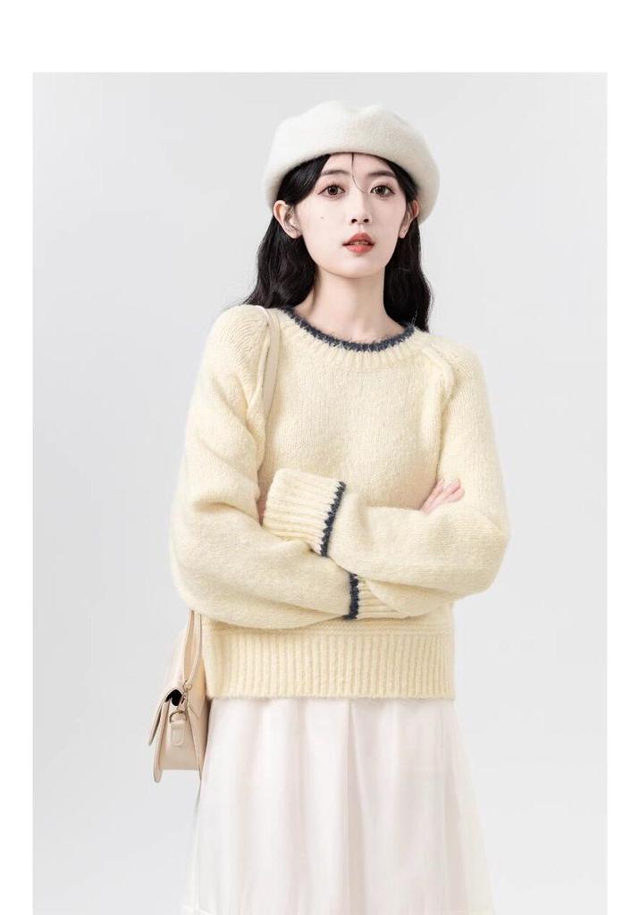 Women's Petite Thick Gray Sweater - Autumn/Winter 2026 Round Neck Knit Top