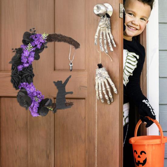 Хэллоуинский венок «Лунный кот» для входной двери, венок в виде полумесяца, табличка с искусственными цветами роз для готического домашнего декора