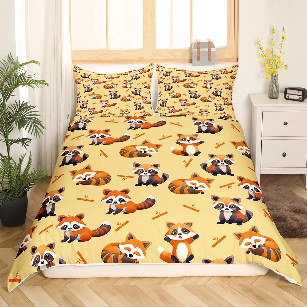 Cute Red Panda Duvet Cover King SizePink Love Stars Bedding Collection Kawaii Cartoon Animals Comforter Cover Girly Sweet Quilt Cover