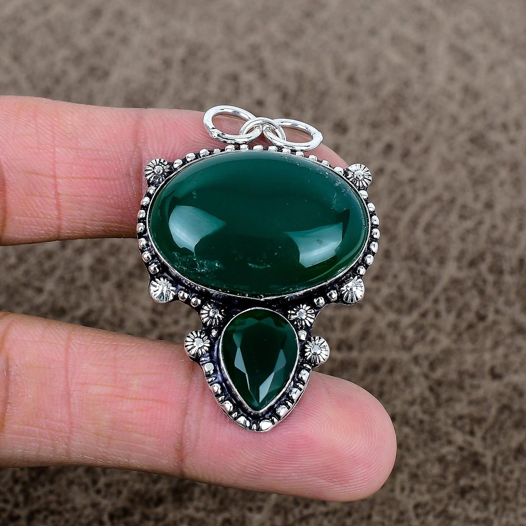 Green Onyx Gemstone Handmade 925 Sterling Silver Jewelry Pendant 2.01" KKG-319