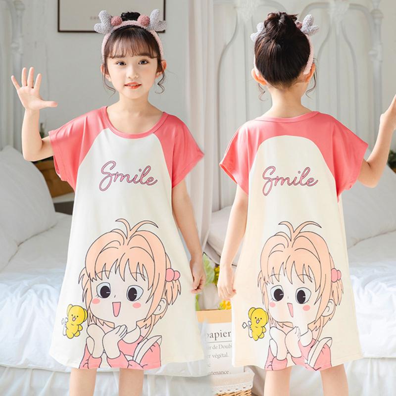 Ночная рубашка для девочек с мультяшным принтом и короткими рукавами, домашняя одежда, милая дышащая детская домашняя ночная рубашка