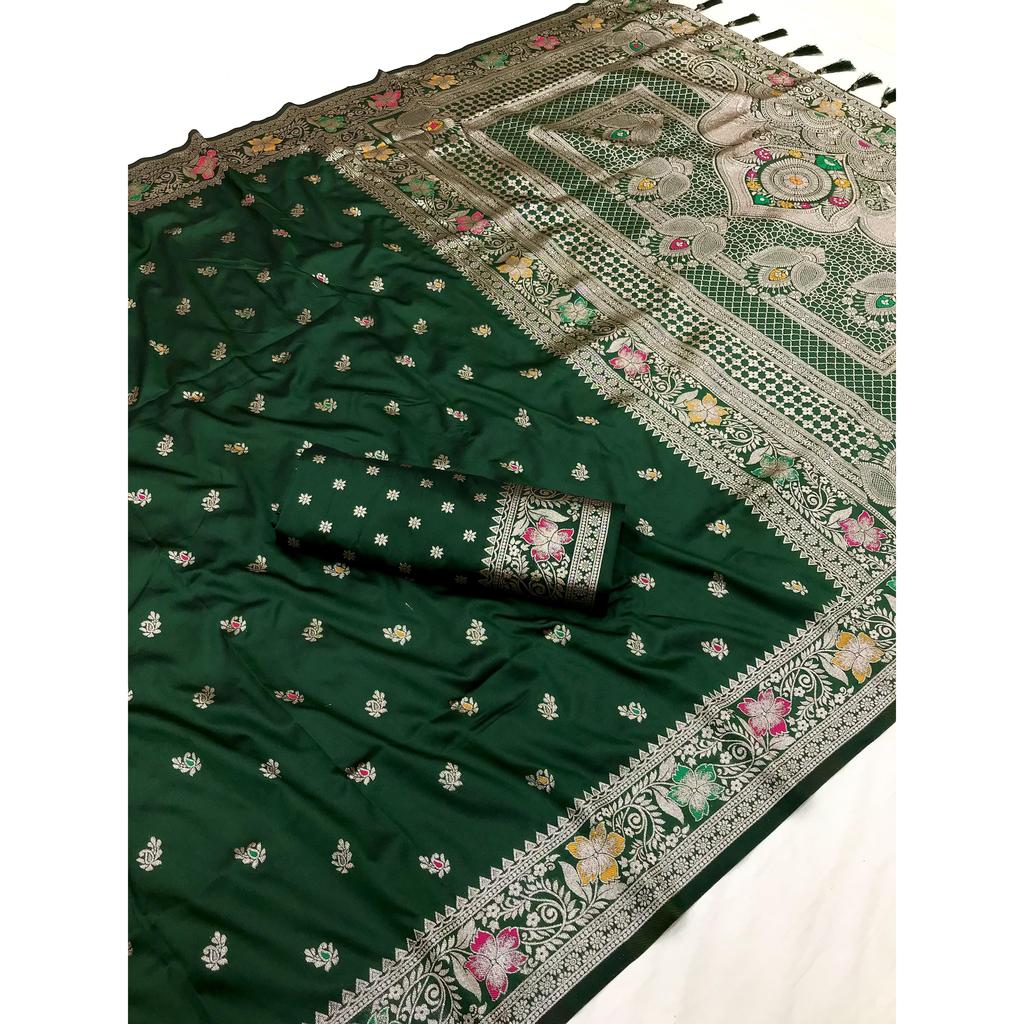 Soft Banarasi Silk Saree with Zari Weaving Meenakari Touchup Design All Over the Saree