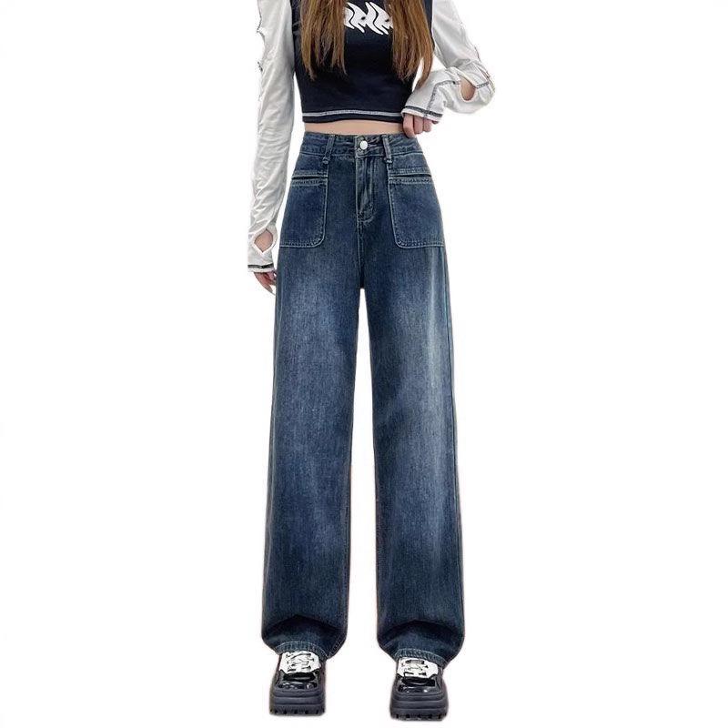 Женские джинсы с высокой посадкой и широкими штанинами - Весна/Осень 2025, в стиле ретро Гонконг, свободного прямого кроя с легкой драпировкой.