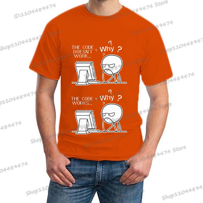 Креативный Программист Код Работает Почему Повседневная Футболка с Принтом Короткий Рукав Homme Футболка Хиппи Мода Уличная Одежда для Мужчин