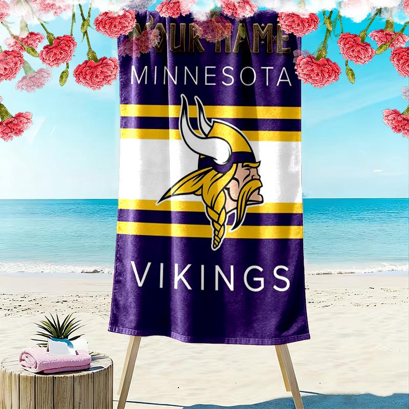 Name Custom Minnesota Vikings Logo Print Beach Towel, Large Soft Quick Dry Towel for Beach Camping Swimming