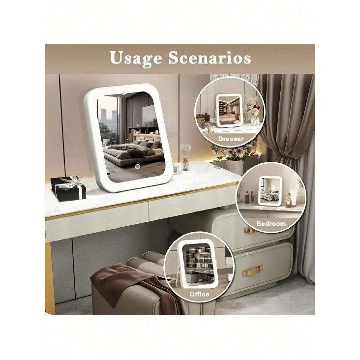 LED Makeup Mirror, 3-Color Light, 360° Rotatable, Touch Control, USB Powered, Tabletop Vanity Mirror for Bedroom Bathroom Travel
