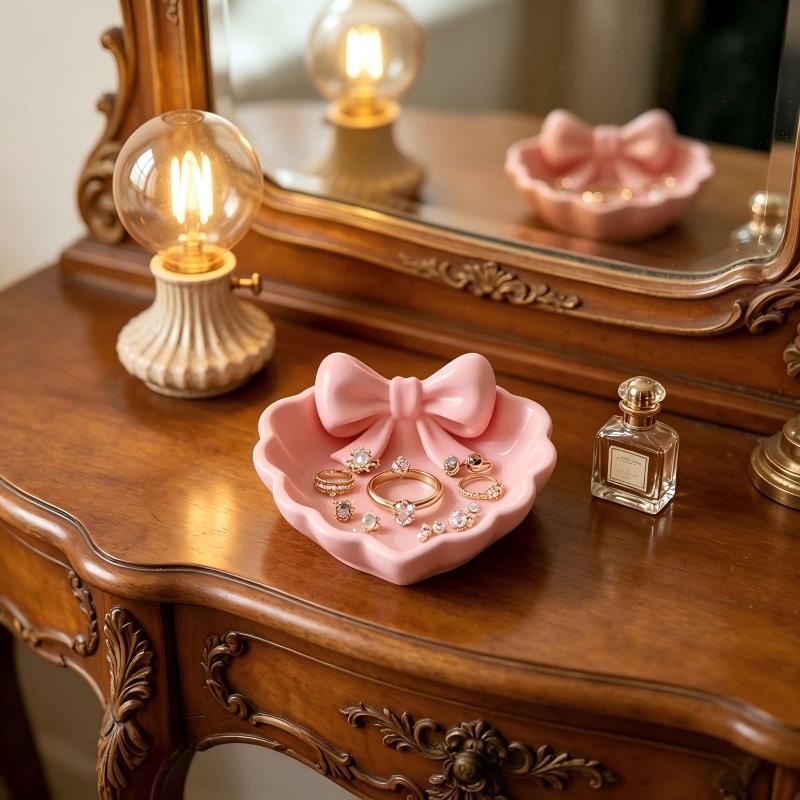 Heart-Shaped 3D Printed Jewelry Tray With Pink Bow, Elegant Decor For Table, Sink & Office Desk, Perfect For Jewelry Storage