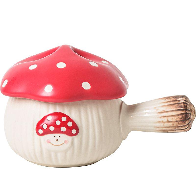 Красная миска с ручкой в виде гриба и крышкой, креативная керамическая тарелка для завтрака, фруктов, десерта, креативная грибная салатница, ложка, столовые приборы, новинка