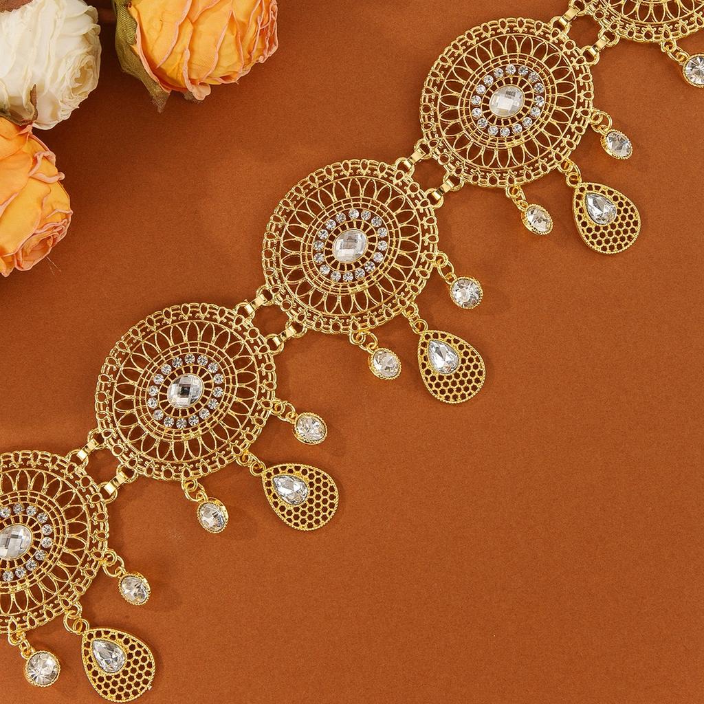 Gold Ethnic Style Alloy Hollow Diamond Waist Chain, Women'S Stage Performance Jewelry Belt
