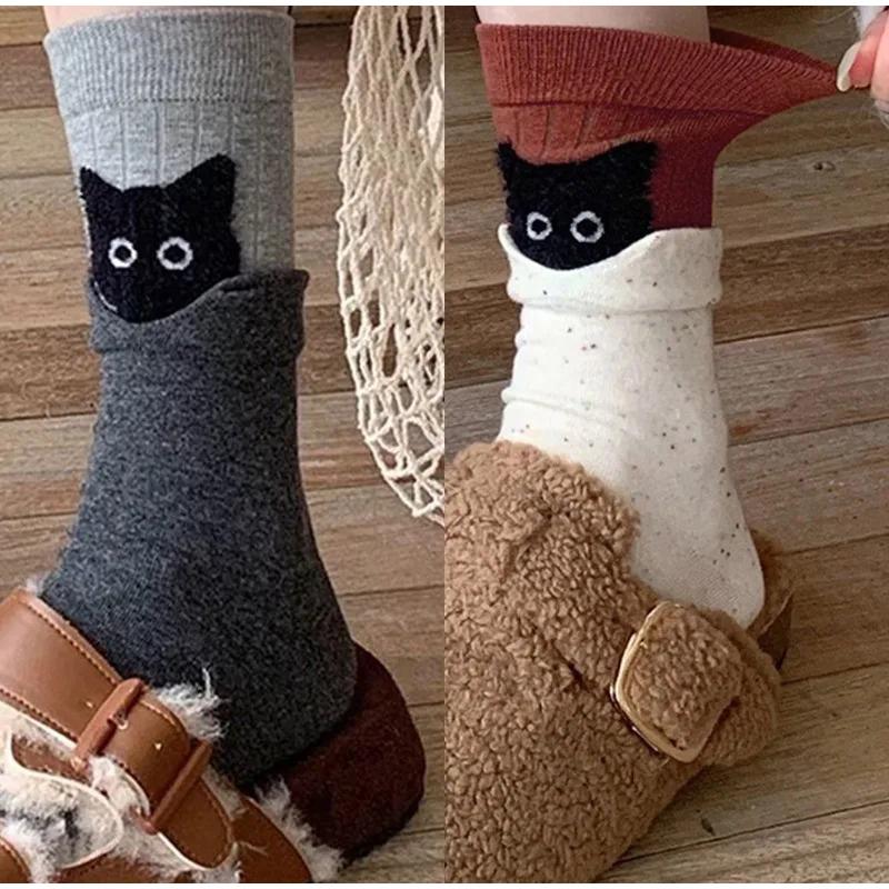 Осенне-зимние носки до середины икры с рисунком кота 'Peekaboo', кавайные, милые, теплые, хлопковые, для дома, сна, мягкие, удобные, для повседневной носки, подарок