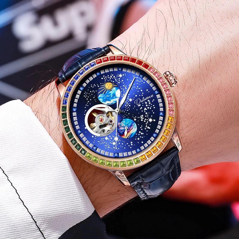 Dulunwe Business Skeleton Tourbillon Automatic Self-Winding Mechanical Watches Trend Fashion Color Diamond Sky Dial Men Watch Waterproof