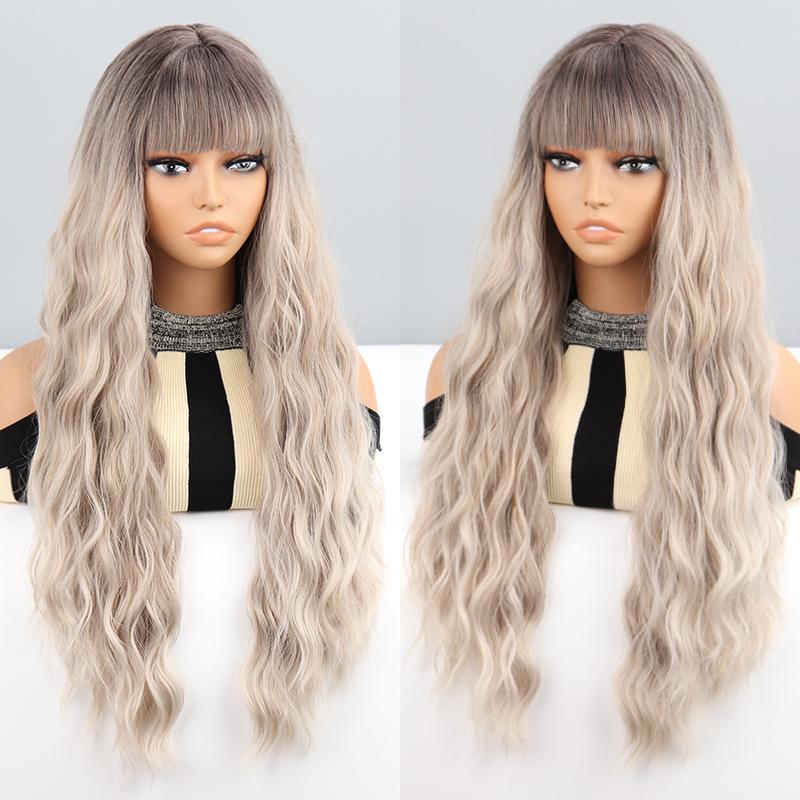 LISI HAIR Orange Color Women Fashion Long Wavy Wig with Bangs Synthetic Fiber Women Daily Wear Cosplay Wavy Wig