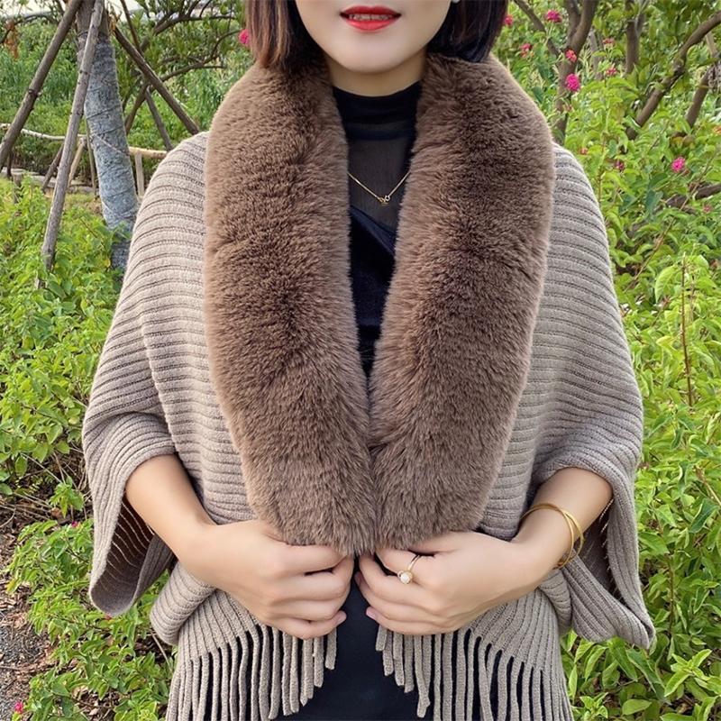 Winter Tassels Poncho Cloak Shawl Oversize Women Warm Faux Fur Collar Knit Cardigans Batwing Wraps Neck Fur Scarves Capes Coat