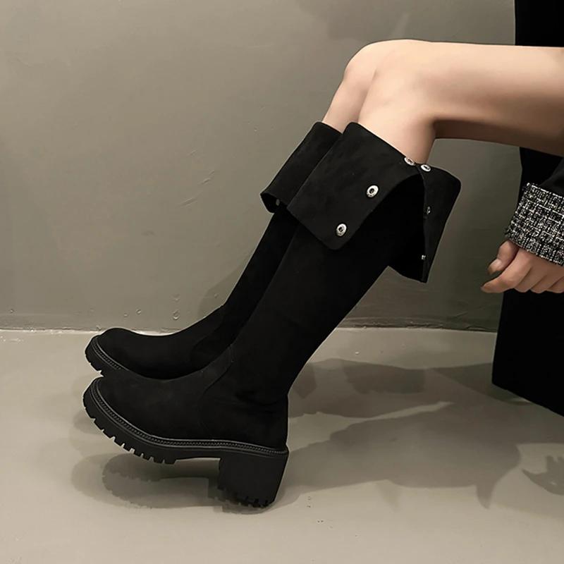 Зимняя мода 2024 года, новые женские сапоги, модные складные сапоги в стиле ретро на толстой подошве, женские сапоги выше колена на толстом каблуке