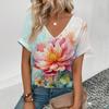 Summer New 3D Printe T-shirt Women's V-neck Top Summer Daily  Short-sleeved White Comfortable Street T-shirt