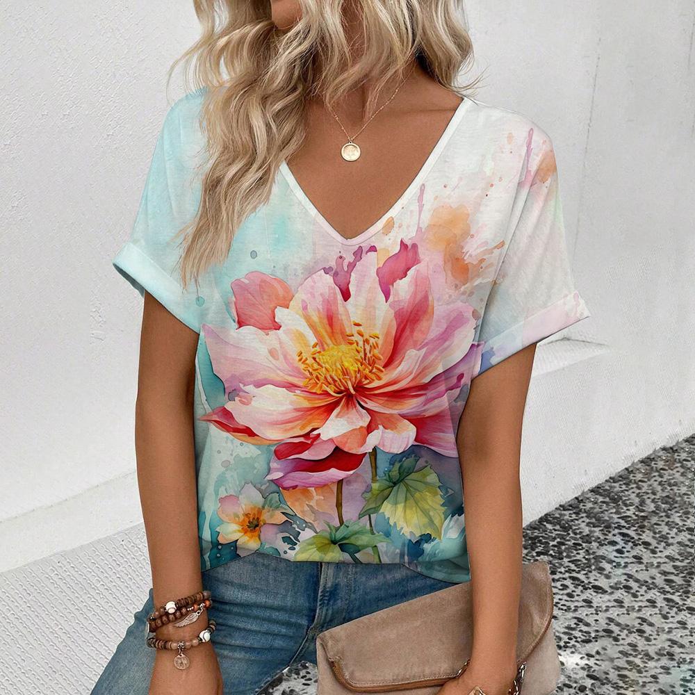 Summer New 3D Printe T-shirt Women's V-neck Top Summer Daily Short-sleeved White Comfortable Street T-shirt