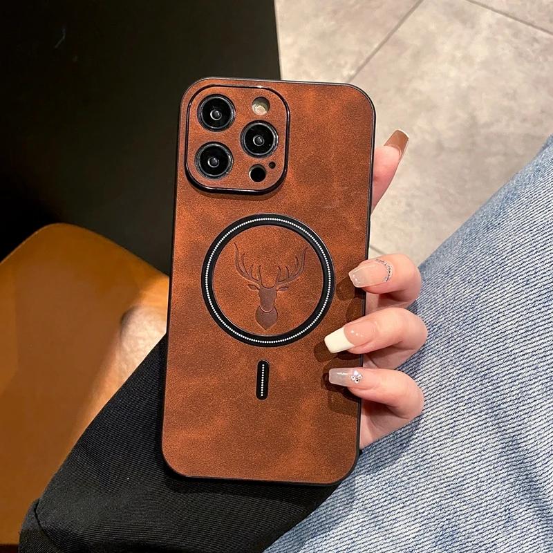 Luxury Magsafe Deer Cortex Phone Case For iPhone 16 15 14 13 12 11 Pro Max X XS XR Max Magnetic Bumper Cases Cover