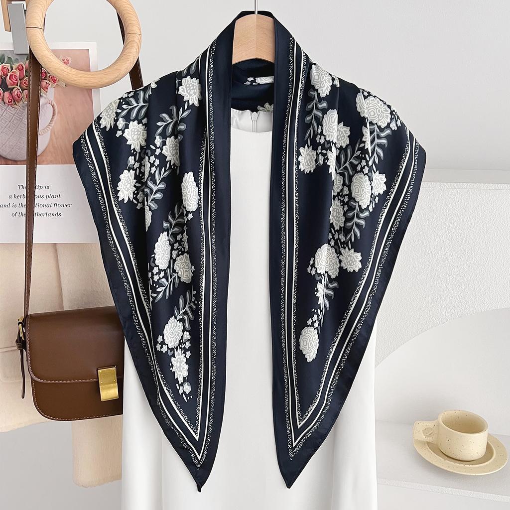 Spring And Summer Retro Flower Print Triangular Silk Scarf Women'S Versatile Temperament Thin Outer Shawl