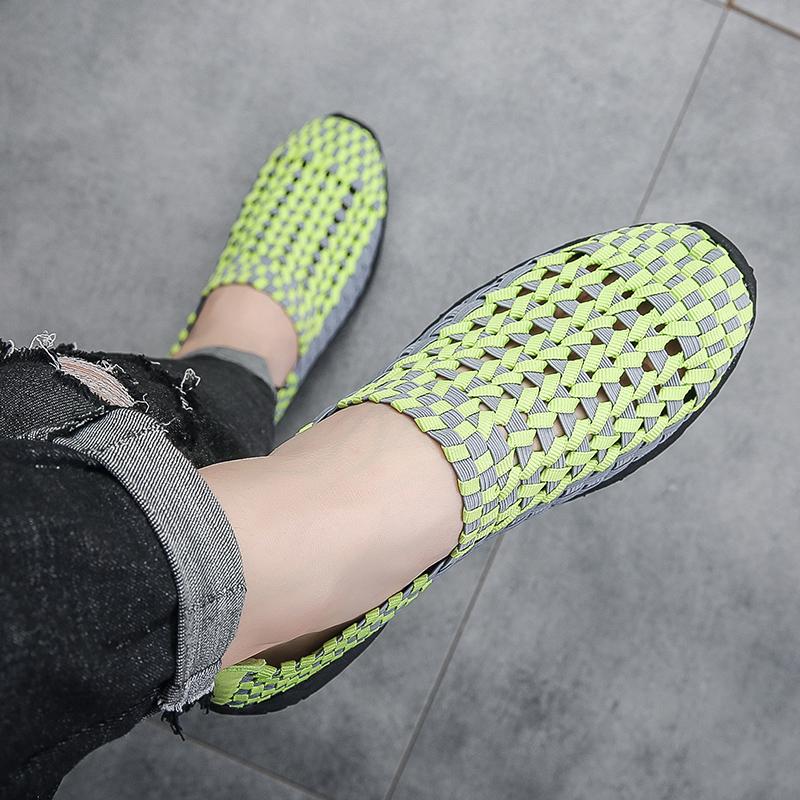 Летние мужские кроссовки черного цвета с плетением, пляжные, мягкие, легкие, спортивные туфли, повседневные, дышащие, без застежек, туфли на плоской подошве