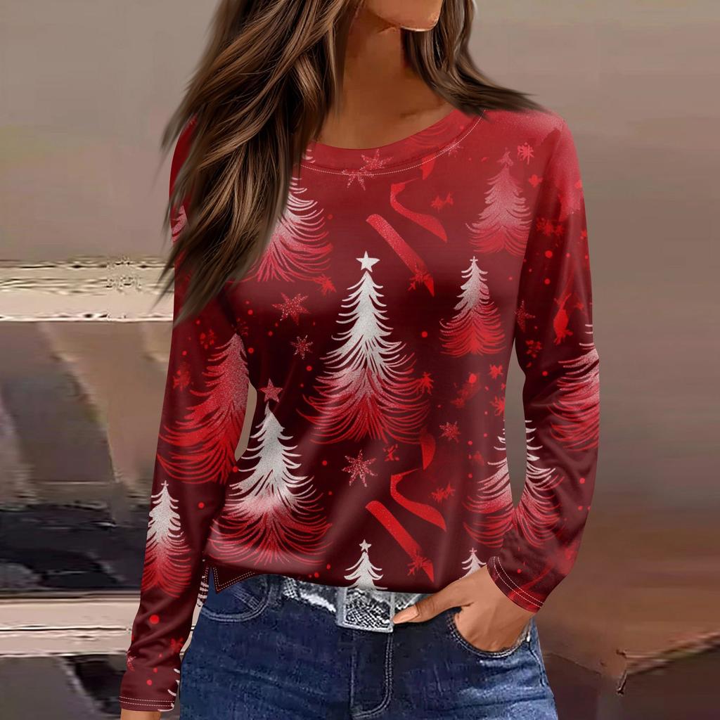Женская модная повседневная футболка с разрезом и круглым вырезом, длинным рукавом, свободная, с принтом, женская футболка на Рождество