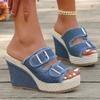 New Summer Women Platform Sandals Casual Double Buckle Strap Sandals Straw Weaving Thick Sole Denim Shoes Slides Women