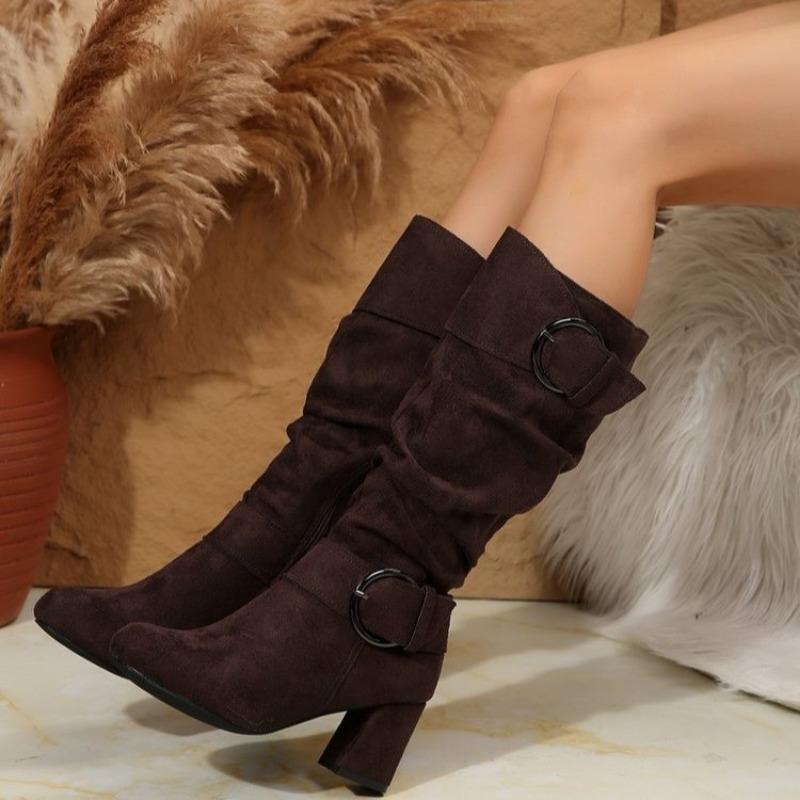 Autumn and Winter New Long Boots for Women, But Mid-knee Boots, Suede High-heeled Belt Buckle for Women's Boots