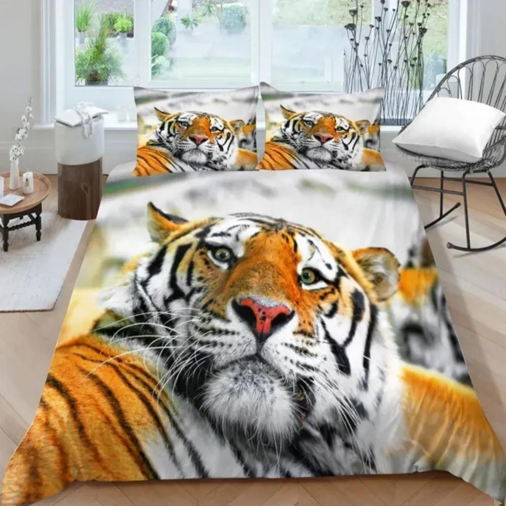 3D Animal Tigers Bedding Set 2/3PCS Soft Microfiber Queen King Twin Size Duvet Cover Set with Pillowcases Teens Boys Bed Linen