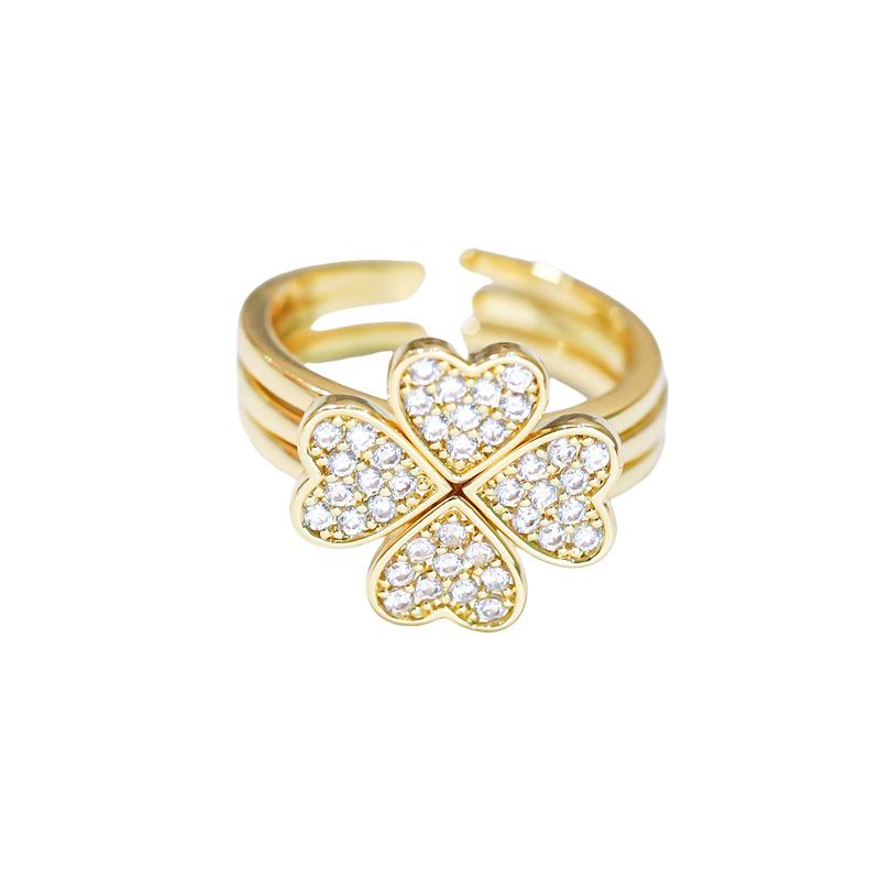 Lucky Four-Leaf Flower Micro-Set Zirconia Ring Women Flowers Fashion Ring Opening Adjustable Four-Leaf Clover Ring