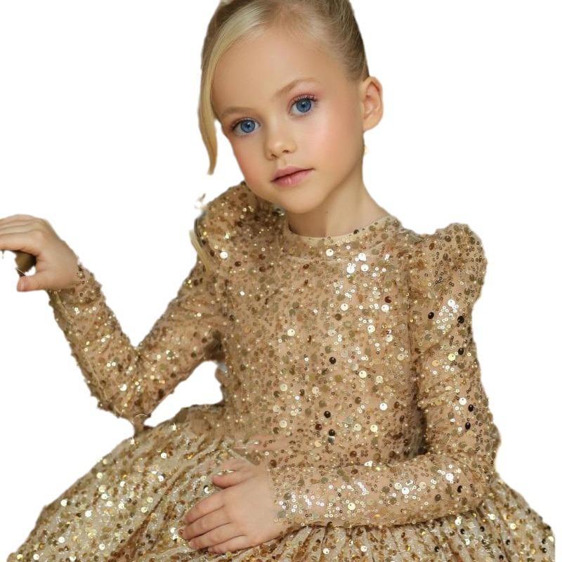 Girls' Golden Dress, Princess Dress, Piano Runway Performance Costume