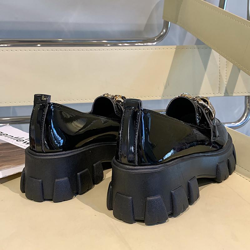 2024 Женская обувь Женская мода Мэри Джейн с круглым носком на плоской подошве Лоферы Оксфорды Платформа Повседневная металлическая цепочка пряжка Женские каблуки Черный