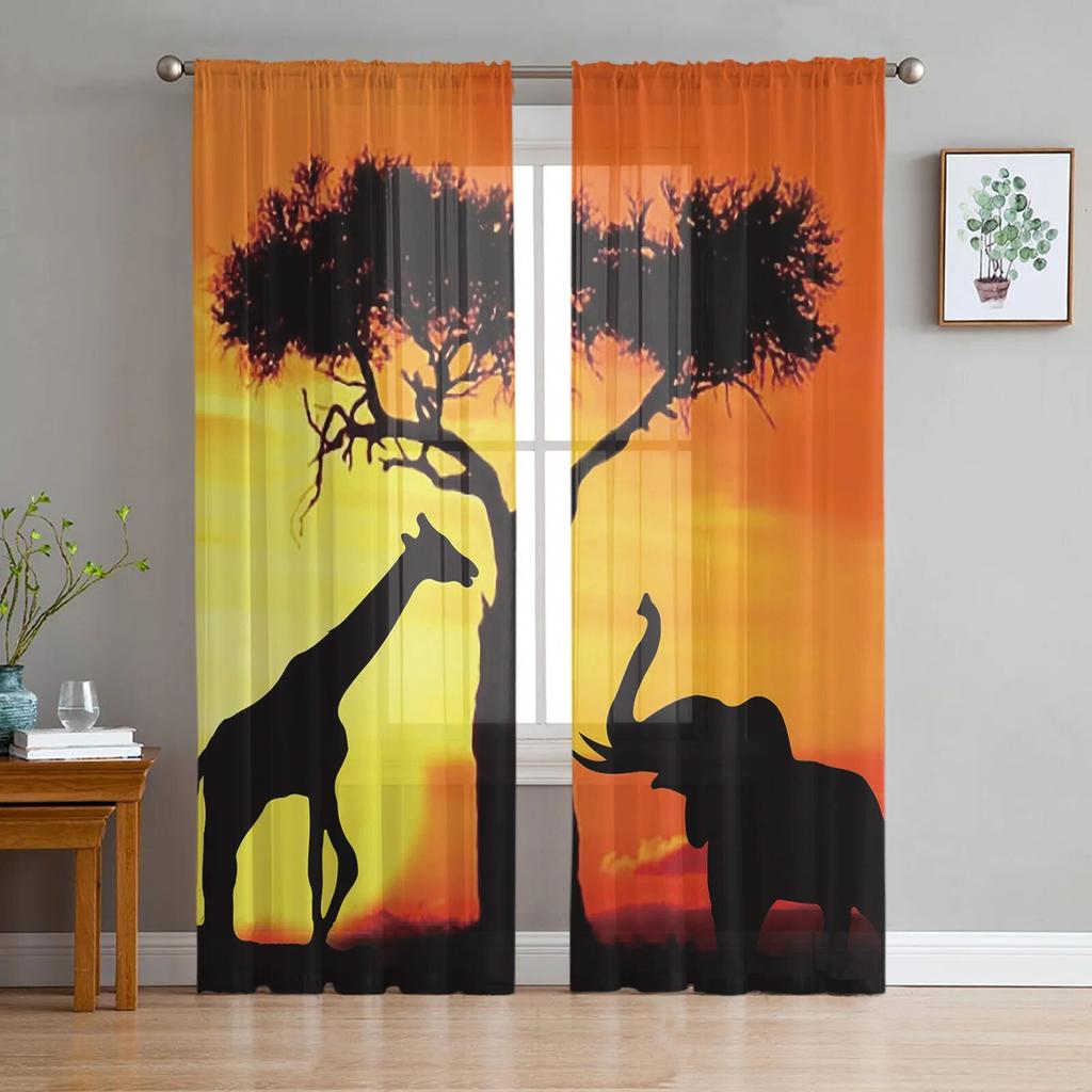 Giraffe Animal Oil Painting Tulle Curtains Balcony Room Fashion Printed Sheer Curtain Living Room Window Modern Decor