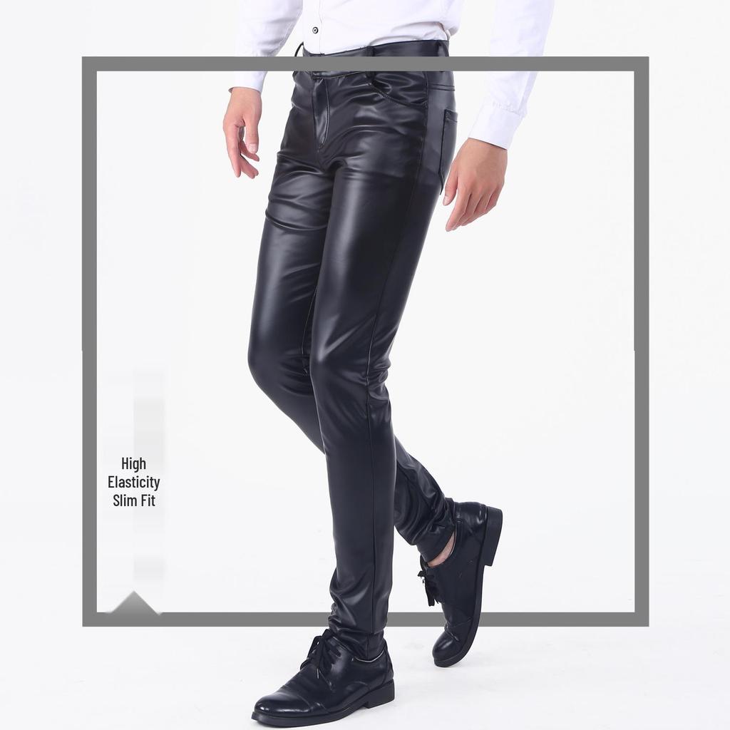 Men's Korean Style Slim Fit Motorcycle Leather Pants - Fleece-Lined, Skinny, Elastic, Spring/Autumn Trend