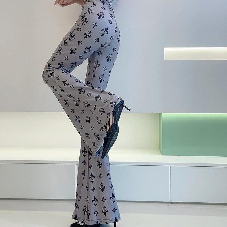 Весенние тонкие женские расклешенные брюки с высокой талией, облегающие брюки, расклешенные брюки с принтом и резинкой
