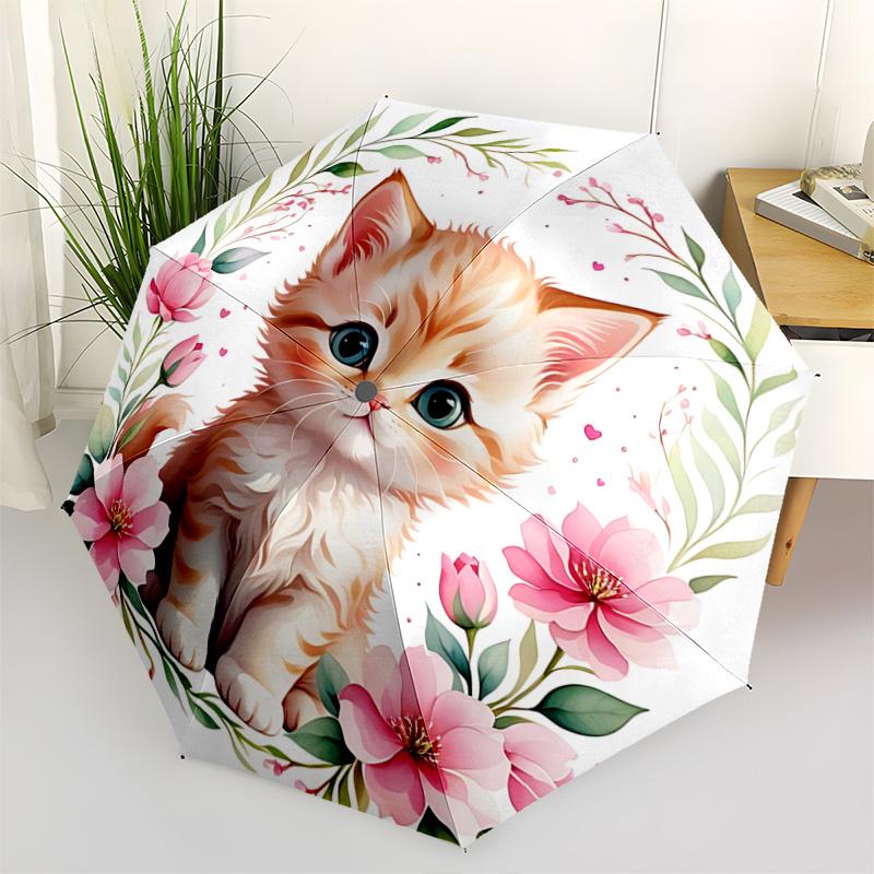 1pc Cats & Flowers Pattern Automatic Umbrella, Suitable for Travel and Daily Use P025
