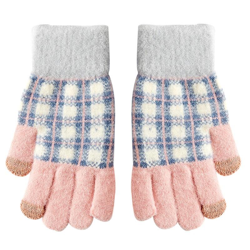 Winter New Full-finger Women's Warm Knitted Wool Gloves Plaid Velvet Finger Cycling Cold Protection