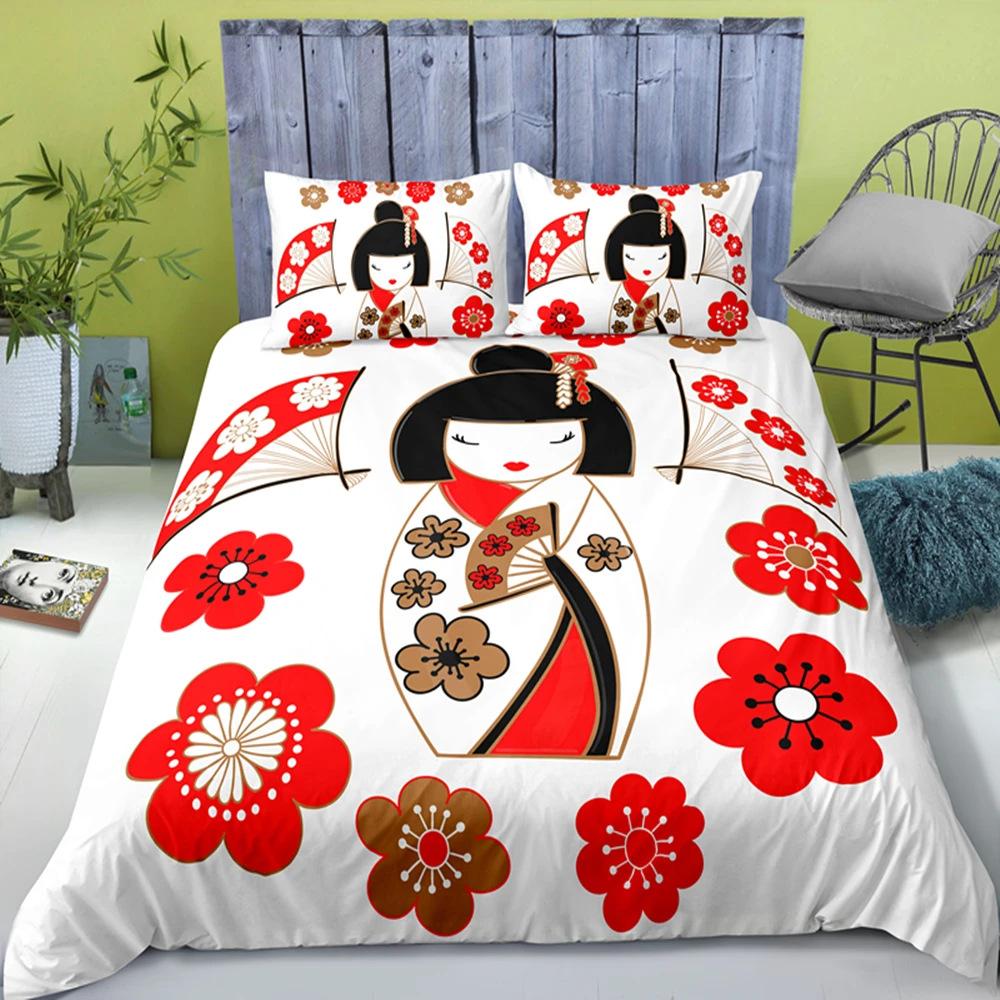 Japanese Lucky Cat Quilt Cover Set Japanese Cute Bedding Set With Pillowcase Quilt Cover Three-Piece Set