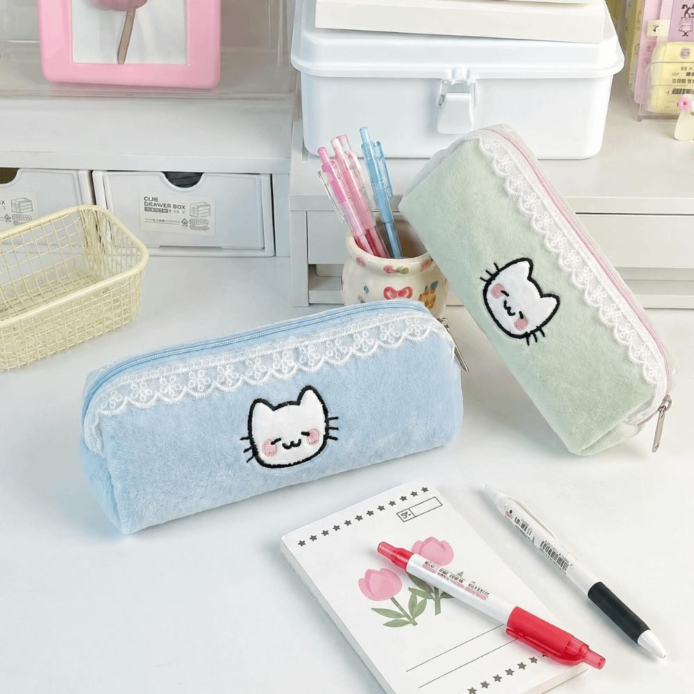 Plush Pencil Case Cat Embroidery Pencil Pouch Kawaii Stationery Pouch  School Supplies