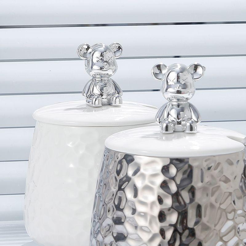 European Style Couple Ceramic Coffee Cup Galvanized Silver Bear Mug Gift Office Teacup Living Room Breakfast Mug Home Decoration