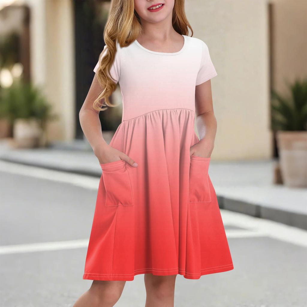 Детская юбка с круглым вырезом и коротким рукавом, платье принцессы, модное повседневное платье с карманами для девочек