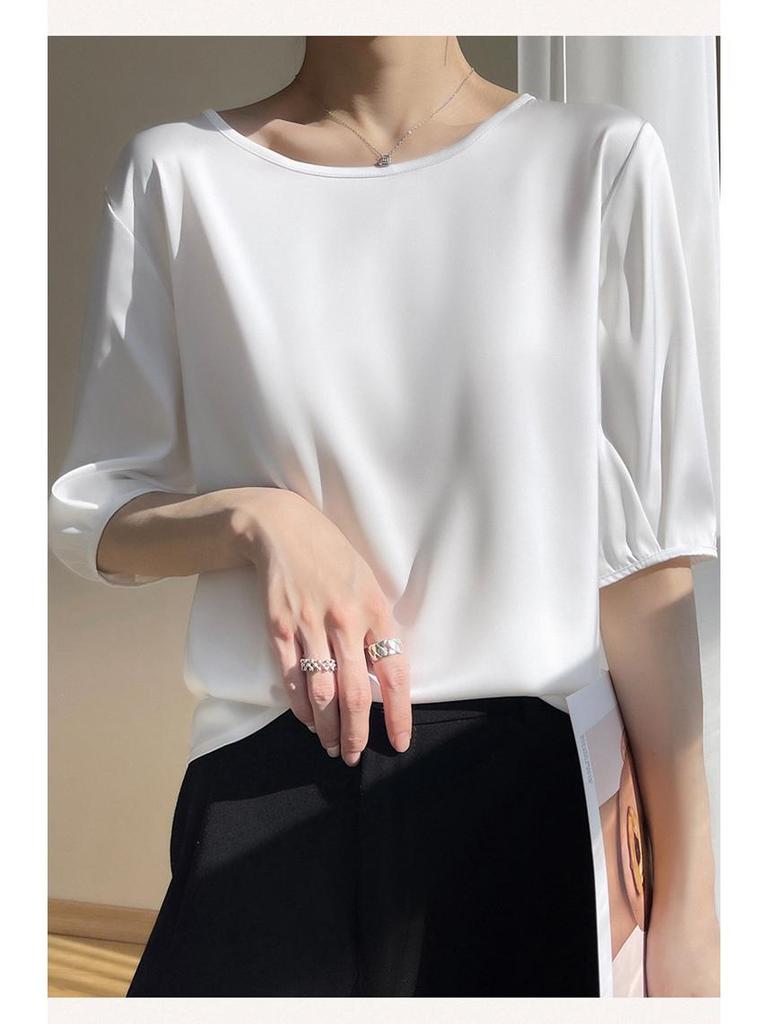 Breathable Silk Women's Round Neck Loose Solid Color Acetate Satin T-Shirt (2024 Spring/Summer Collection)