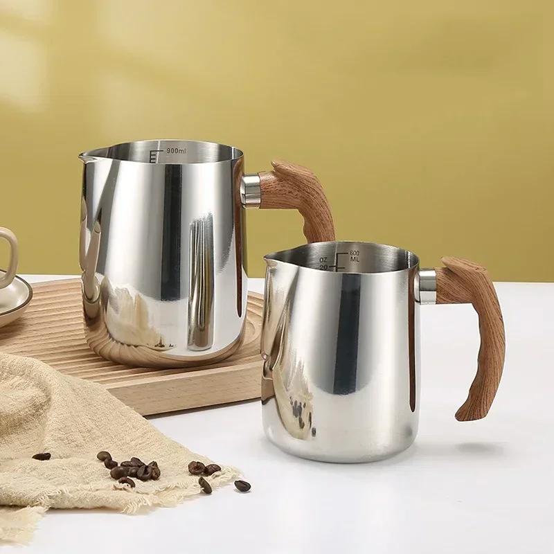 304 Stainless Steel Coffee Milk Frothing Pitcher Jug with Wood Grain Handle Spout Cappuccino Coffee Kitchen Cafe Accessories