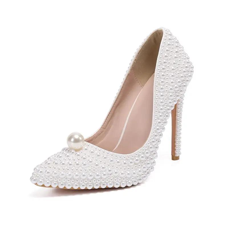 Новые туфли на высоком каблуке с острыми краями, белые жемчужные свадебные банкетные туфли принцессы на высоком каблуке, модные женские босоножки класса люкс