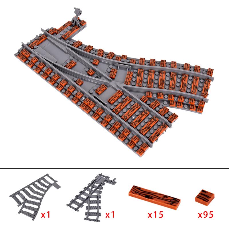 MOC городской поезд, железнодорожный переезд, гибкие рельсы, раздвоенные прямые изогнутые рельсы, переключатель, строительные блоки, кирпичи, креативные игрушки «сделай сам»