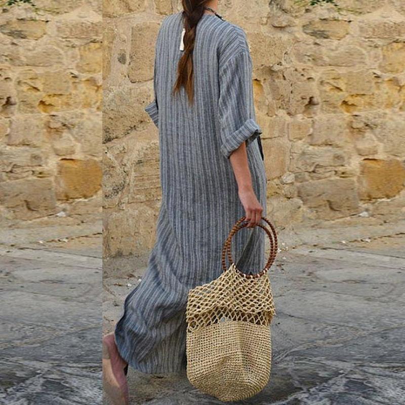 Женская весенне-летняя одежда большого размера, женское хлопковое льняное свободное длинное платье в полоску с карманами