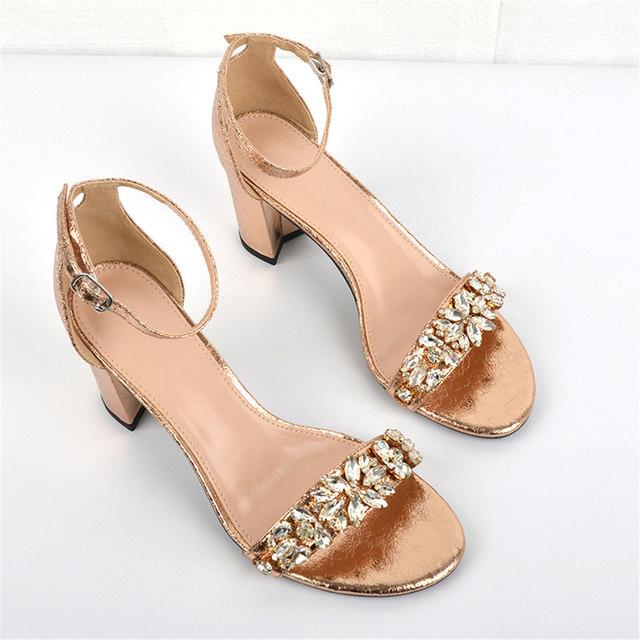 Rhinestones Black Silver Gold Elegant Women 'S Summer Sandals Big Size High Square Heels Classic Office Lady Party Shoes