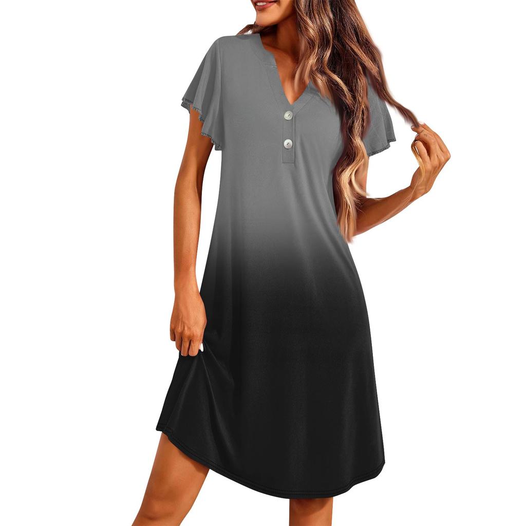 Женская модная расклешенная пижама с коротким рукавом и V-образным вырезом, повседневное платье с градиентом на пуговицах