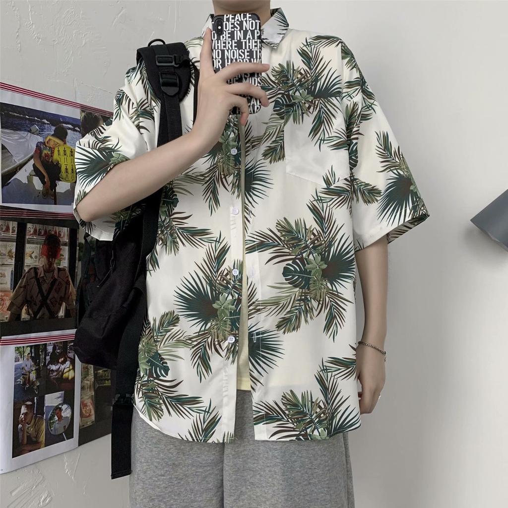 Hawaiian Men's Casual Flower Shirt Hong Kong Style Retro Beach Shirt Floral Couple Flower Shirt Short Sleeve Men