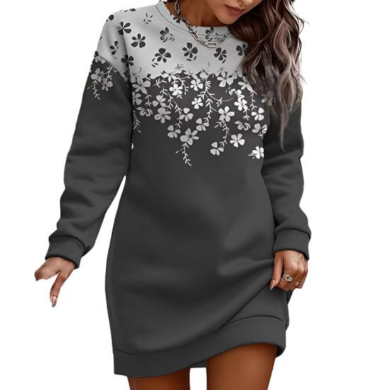 Women Fall Winter Sweartshirt Dress Flower Print Round Neck Long Sleeve Loose Pullover Thick Warm Mid Length Elastic Cuff Lady Spring Mini Dress