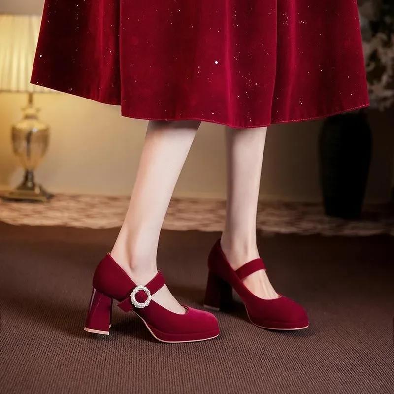 Мода 2024 Мода Туфли Мэри Джейн Женские Туфли на Высоком Каблуке Платья Однотонный Ремешок с Пряжкой Высокие Каблуки Zapatos De Mujer